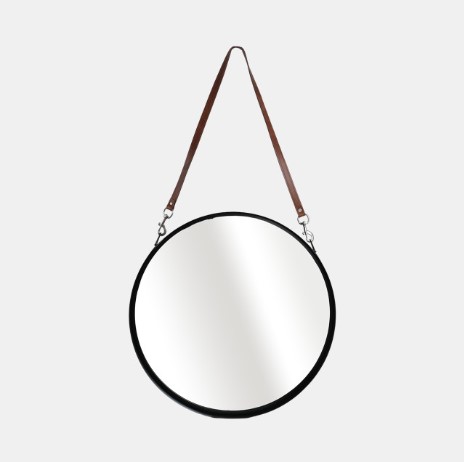 Espejo 28" Round Mirror W/ Leather Strap, Black