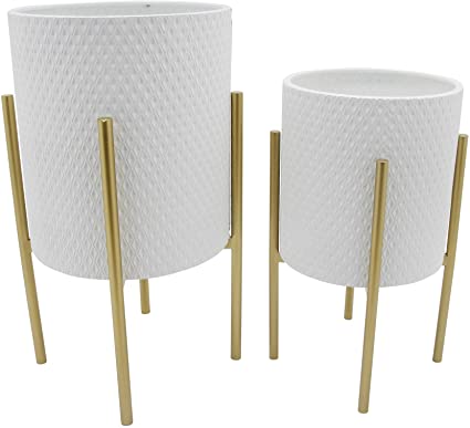 Maceta S/2 Honeycomb 0 Planter On Metal Stand, White/Gold