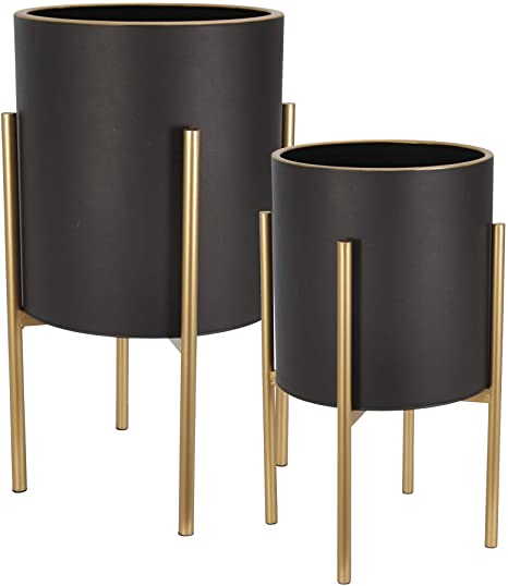 Maceta S/2 Planter On Metal Stand, Black/Gld