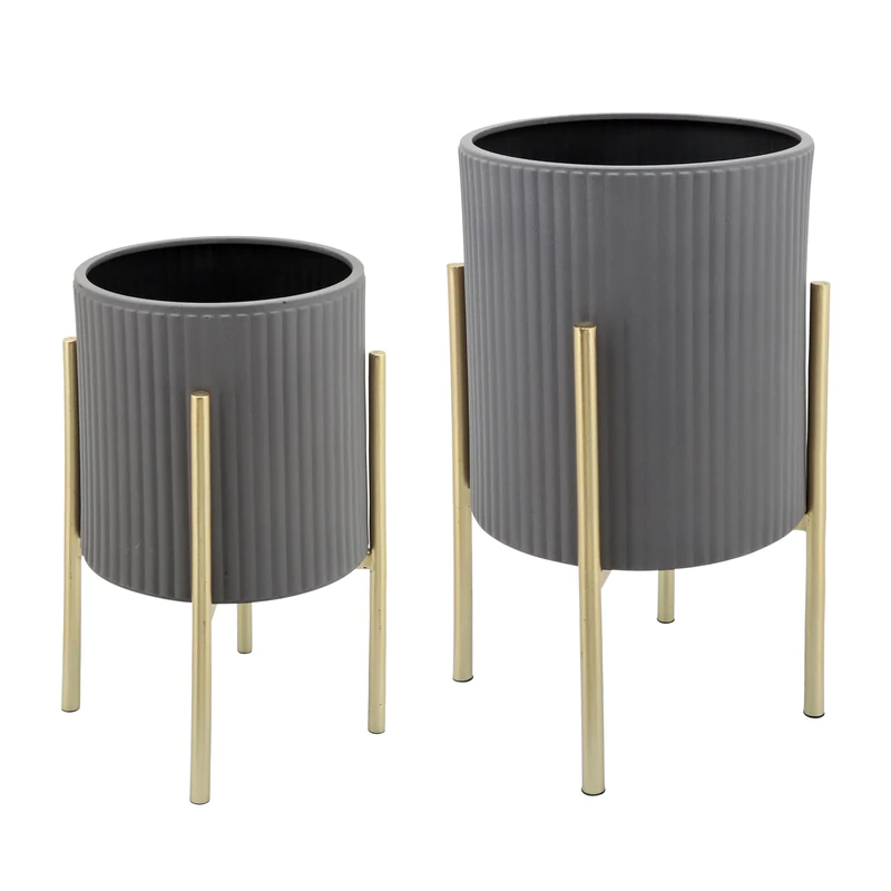 Maceta S/2 Ridges Planter On Metal Stand, Gr