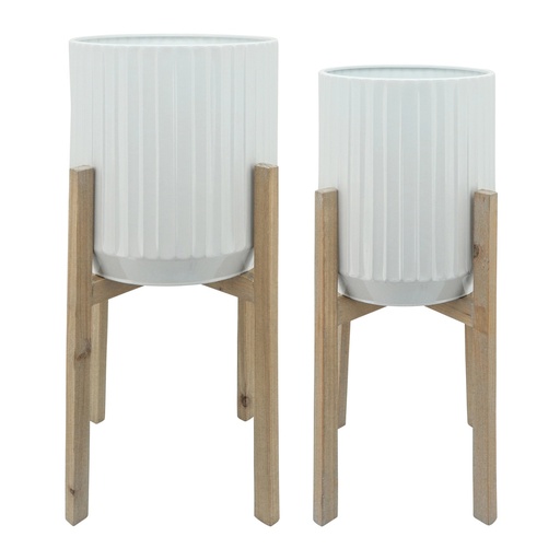 [16239] Maceta S/2 Ridged Planters In Wood Stand, Wh